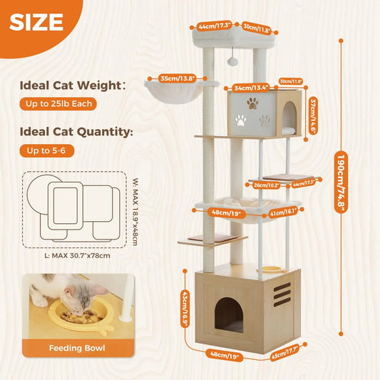 Large Cat Tree with Food Station, 74.8 Inches Wooden Tall Cat Tower
