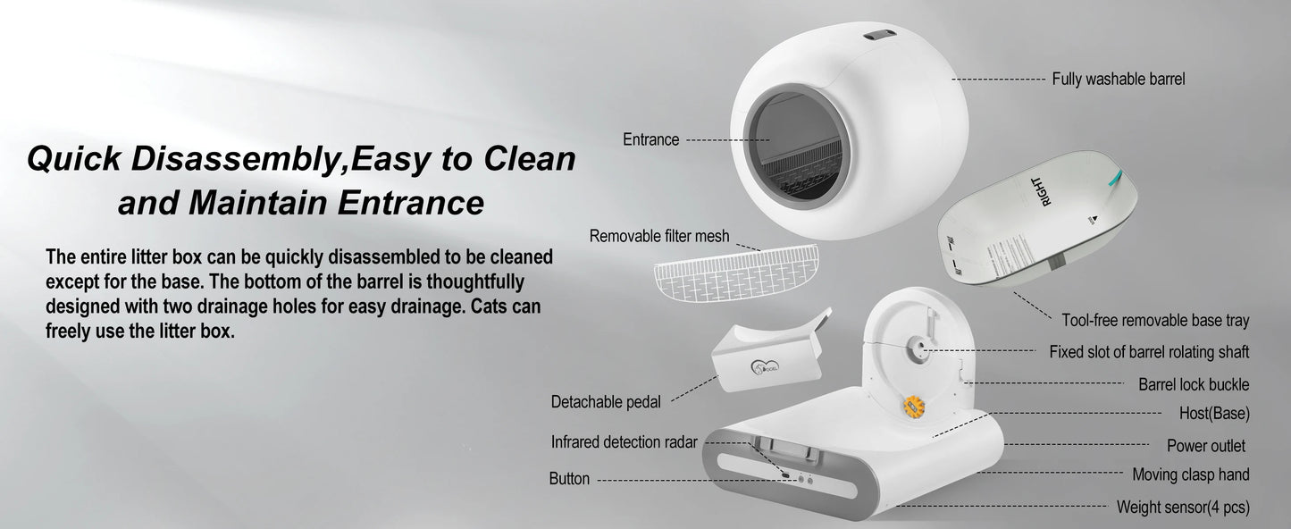mypawbloom DOEL 65L self-cleaning cat litter box with app control, featuring sleek design and 2.4G WiFi connectivity.