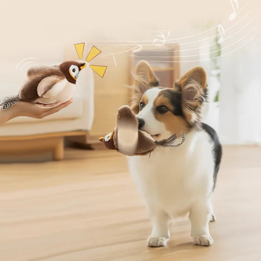 MyPawbloom rechargeable plush bird toy for cats with chirping, flapping, and squeak features, touch-activated and infused with catnip.