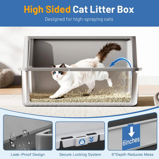 Two stainless steel cat litter boxes with lids from mypawbloom, large size, sleek design, and secure cover for easy cleaning.