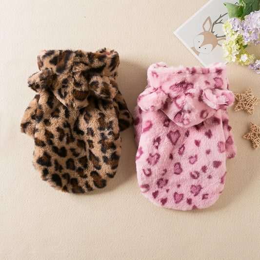 Warm Fleece Dog Hoodie Leopard Coat