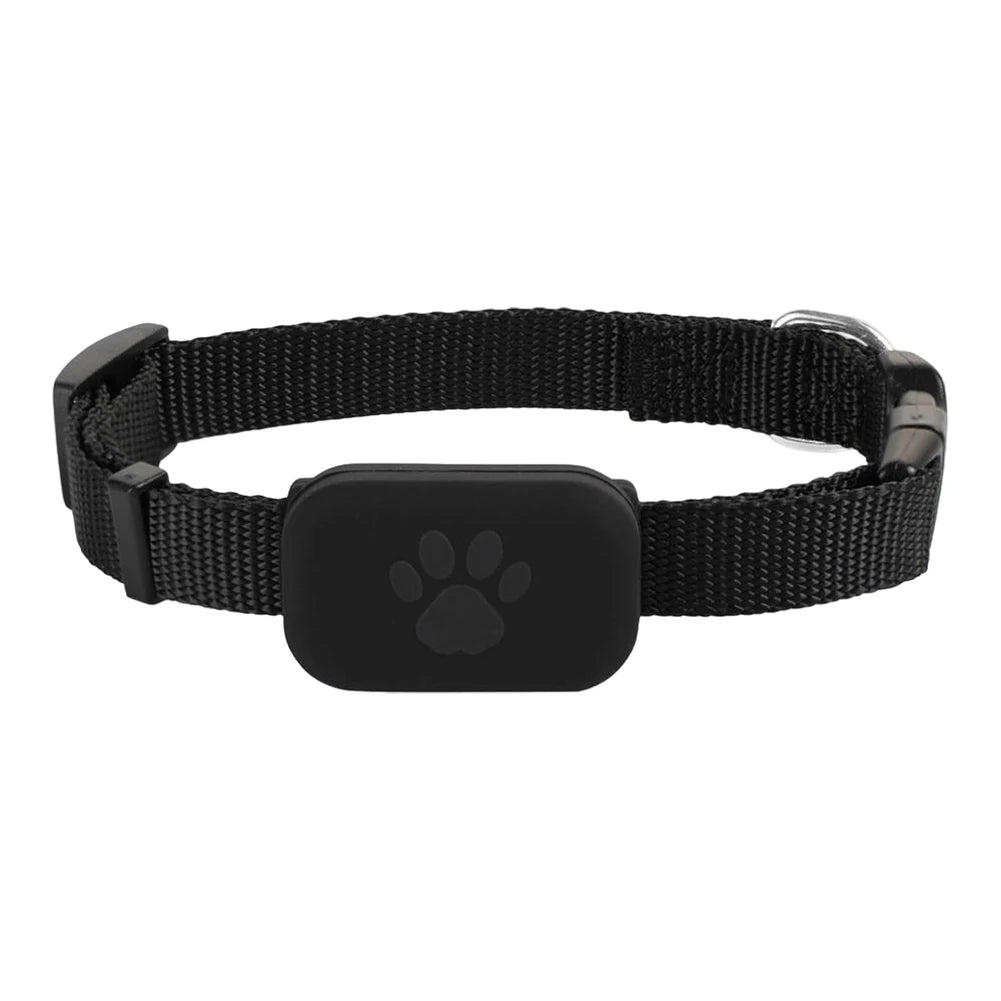 Pet GPS tracker with adjustable collar by mypawbloom, showing the device attached to a furry dog's neck.