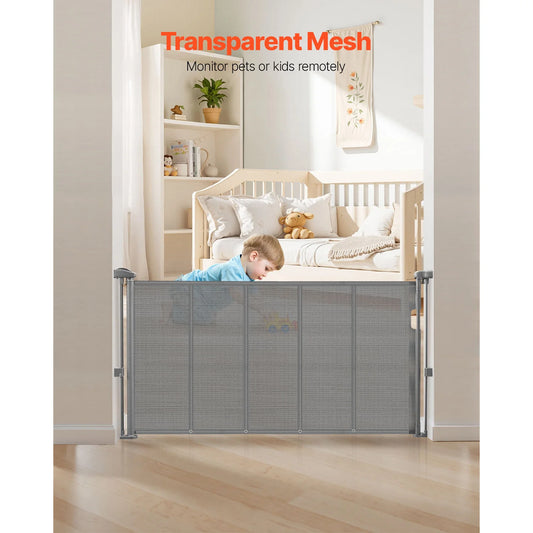 myPawbloom retractable mesh gate in 55/71/110-inch and 34-inch height, shown in a home doorway with mesh and sturdy frame.
