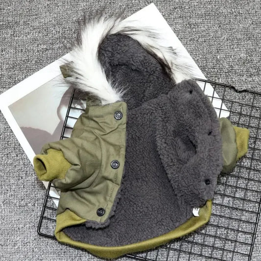 Warm dog coat jacket for small and medium dogs by mypawbloom, featuring a cozy hoodie and thick insulation for cold weather.