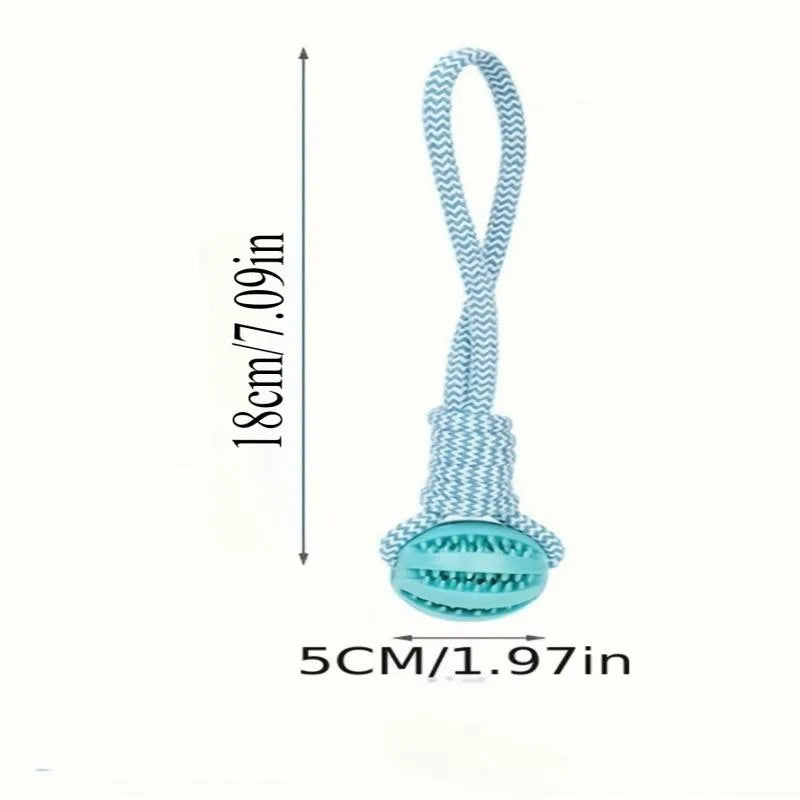 MyPawbloom cotton rope and rubber dog chew ball with treat dispenser, durable dog toy for chewing and play.