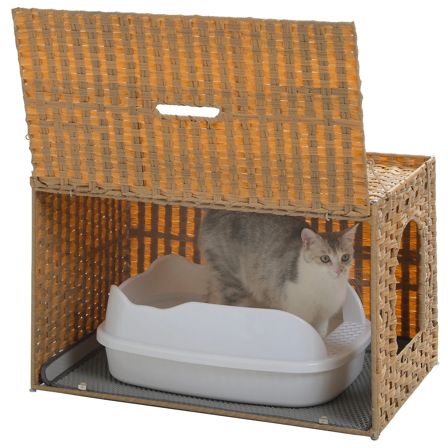 Rattan cat litter box enclosure by mypawbloom with a taller doorway for easy access and stylish, natural decor.