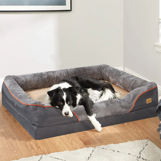 Large orthopedic dog bed with memory foam and removable cover by mypawbloom, featuring plush fabric and supportive cushioning.