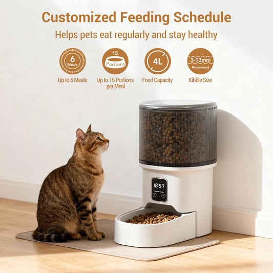 Mypawbloom programmable 4L automatic pet feeder for small dogs and cats, with digital control and food dispensing tray.