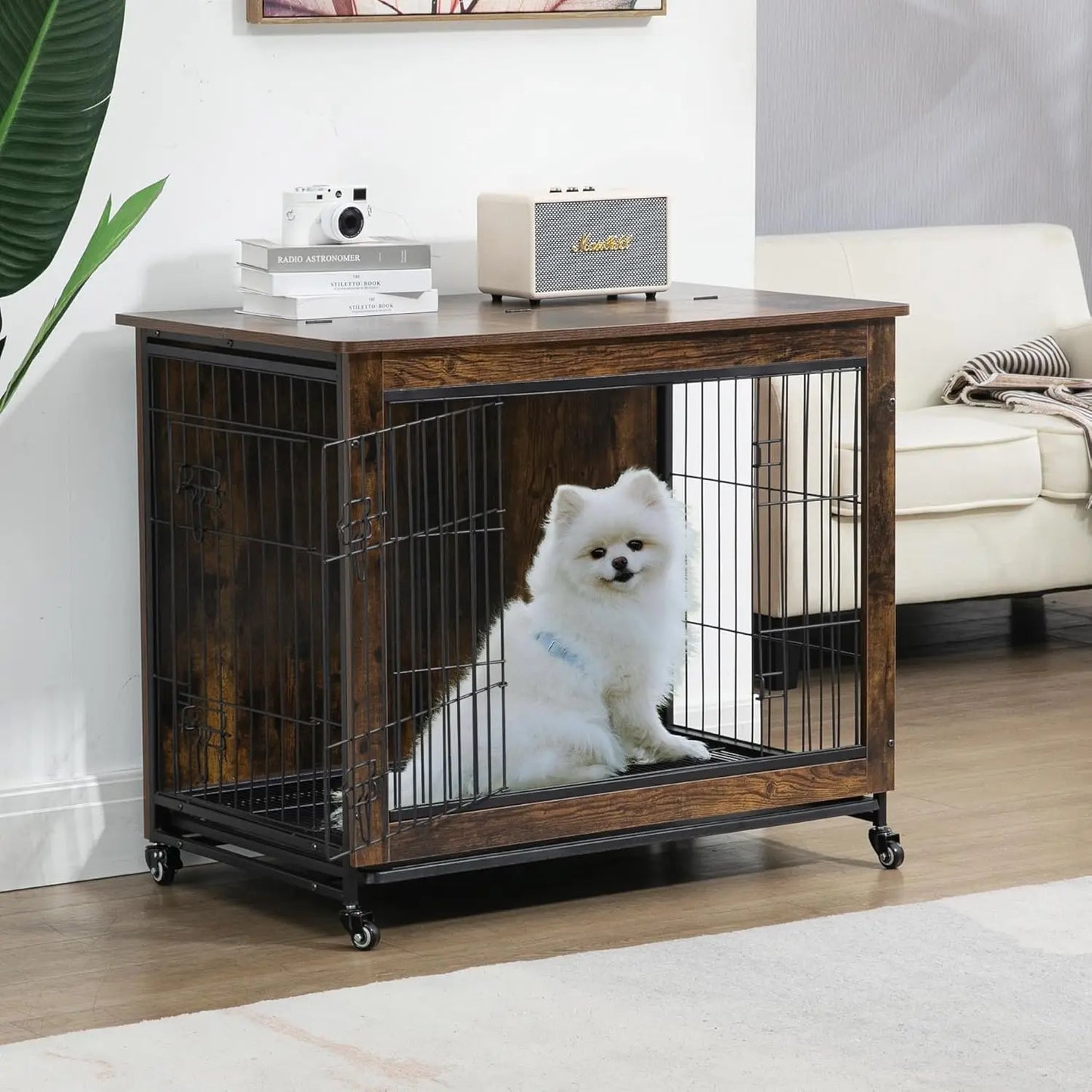 Rustic wooden dog crate with wheels from mypawbloom, featuring a furniture-style design and sturdy construction.