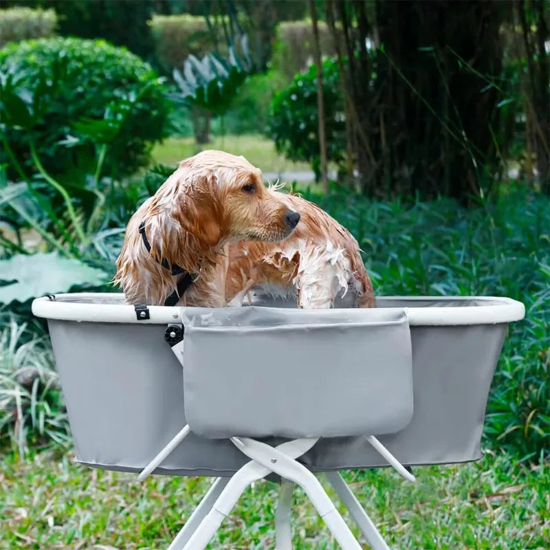 Elevated dog bath tub by mypawbloom with a non-slip surface and adjustable height for comfortable pet grooming and bathing.