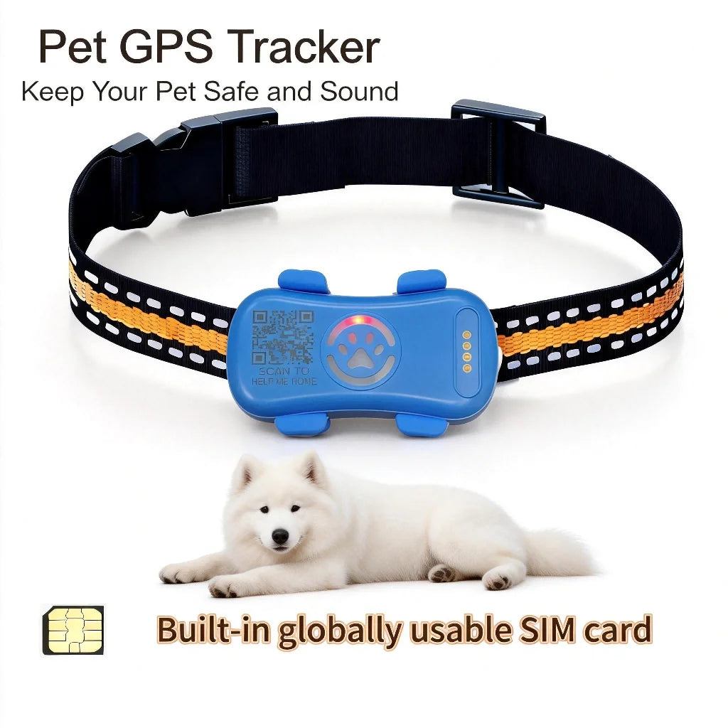 Mypawbloom GPS pet tracker for dogs and cats with built-in IoT SIM and WiFi tracking device showing a compact, wearable design