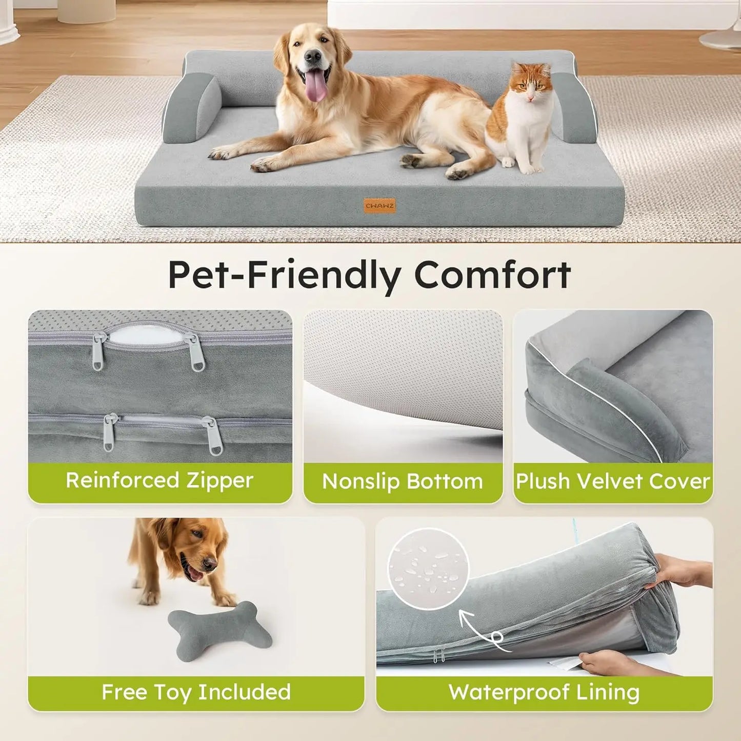 Extra large orthopedic dog bed with cooling memory foam from mypawbloom, featuring plush fabric and supportive cushioning for pets.