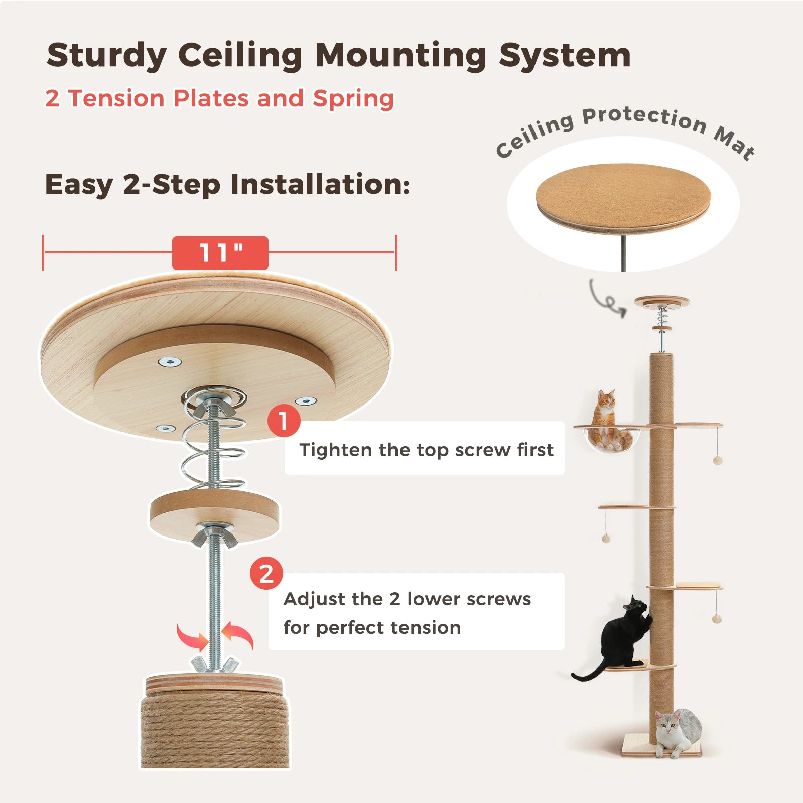 Adjustable height indoor cat tree from mypawbloom, floor to ceiling design with multiple platforms for cats to climb and rest.