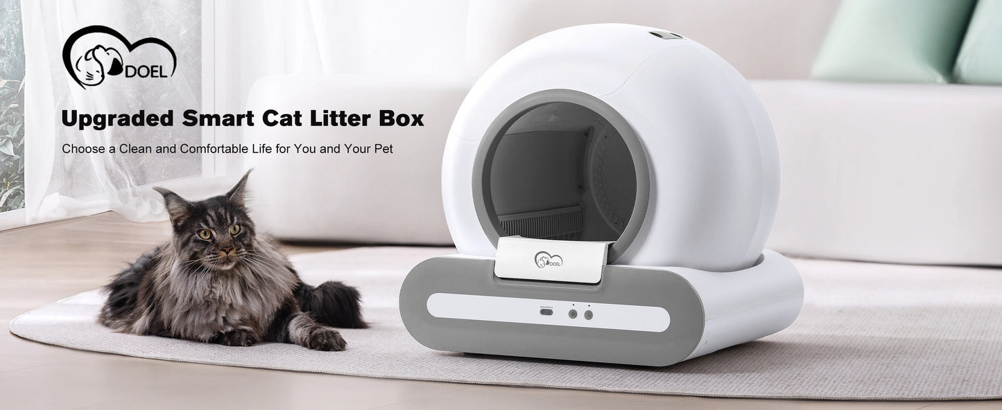 Mypawbloom DOEL 65L self-cleaning cat litter box with app control, featuring sleek design and 2.4G WiFi connectivity.