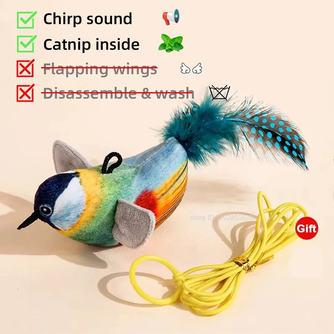 MyPawbloom rechargeable chirping flapping bird plush toy for cats with touch-activated squeak and catnip inside.