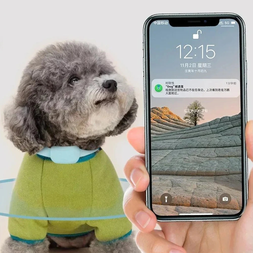 Mypawbloom Pet GPS Tracker with adjustable collar, showing device attached to a small dog's neck for real-time location tracking.