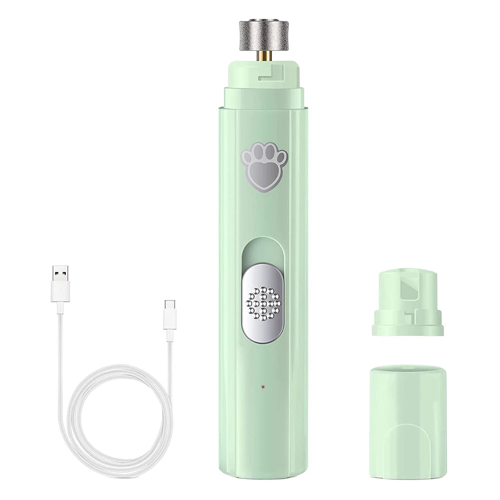 Mypawbloom electric dog nail grinder with USB charging and LED light, showing the cordless grooming tool for dogs.