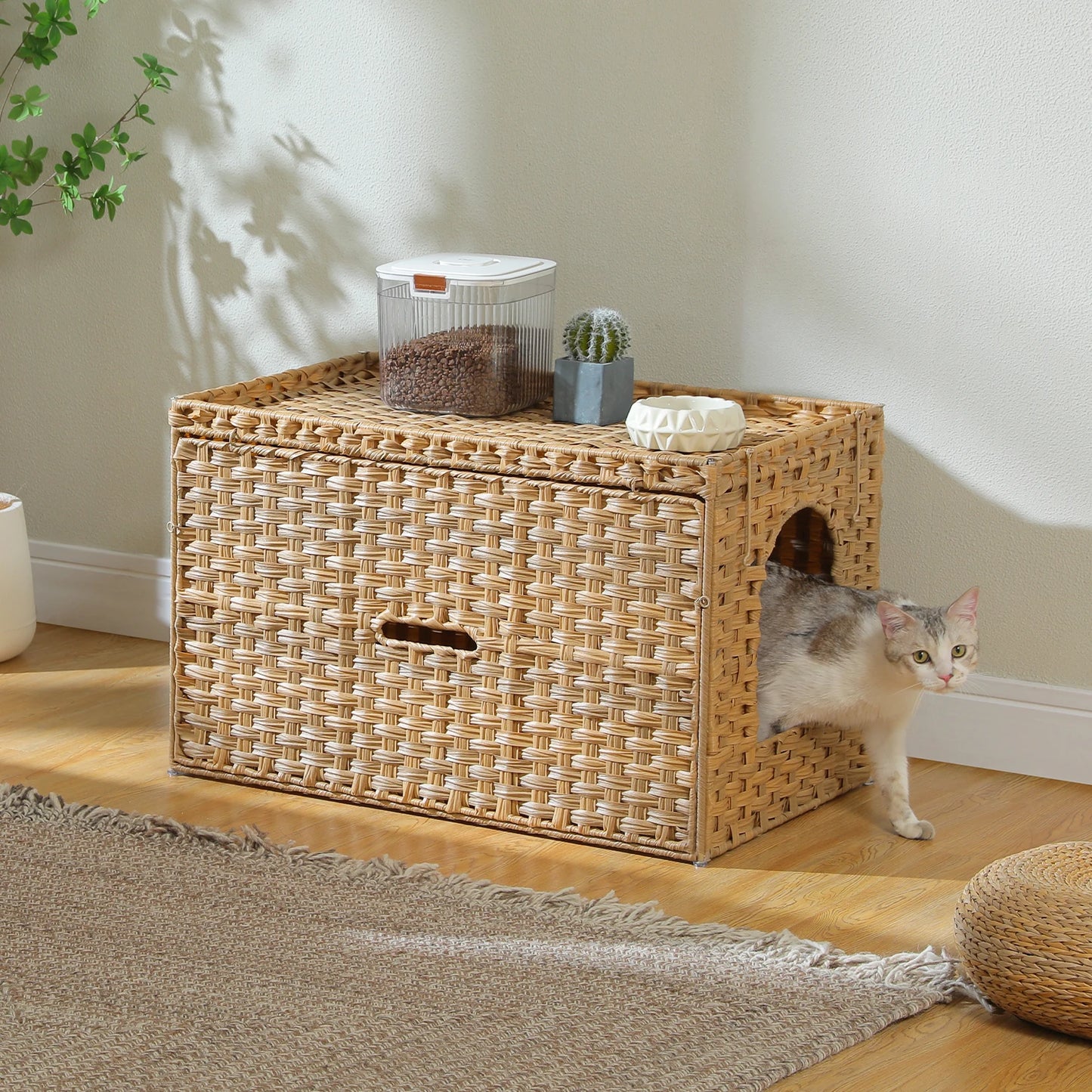 Rattan cat litter box enclosure by mypawbloom featuring a taller doorway for easy access and stylish natural rattan design.