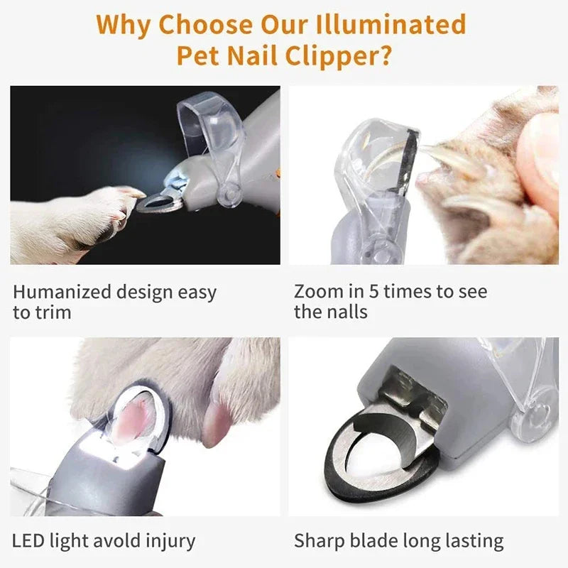 Mypawbloom professional pet nail clipper scissors with LED light, showing stainless steel blades and ergonomic handle for precise grooming.