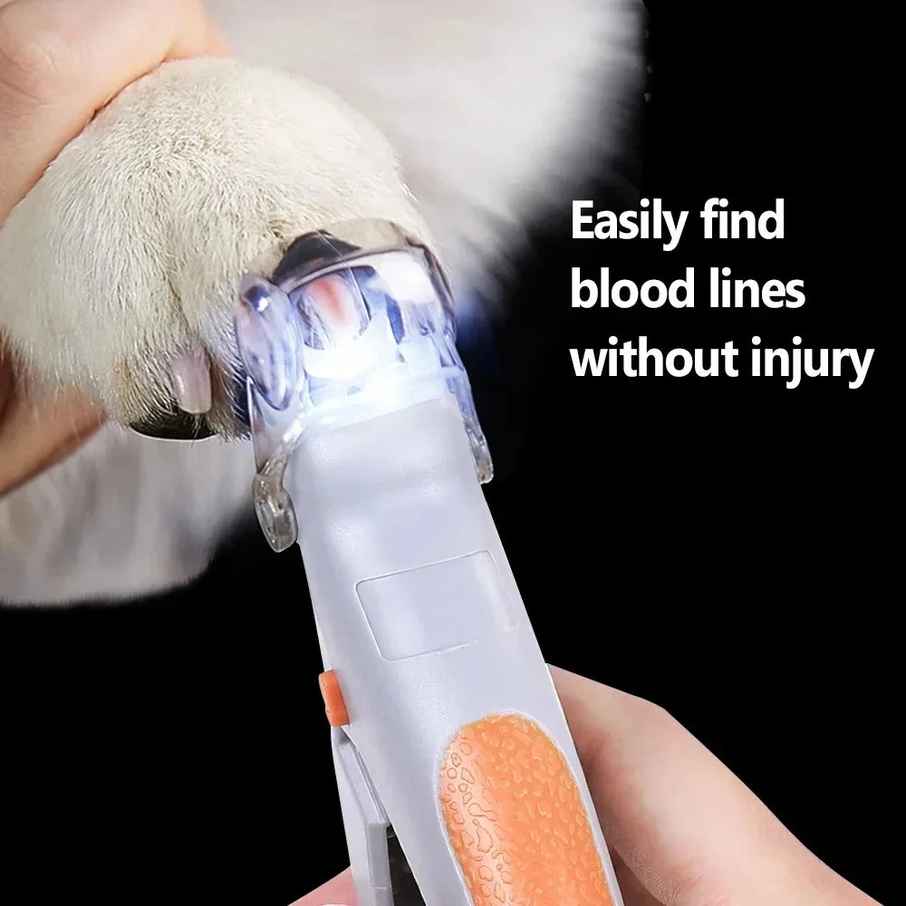 mypawbloom professional pet nail clipper with LED light, featuring stainless steel blades and ergonomic handle for safe grooming.