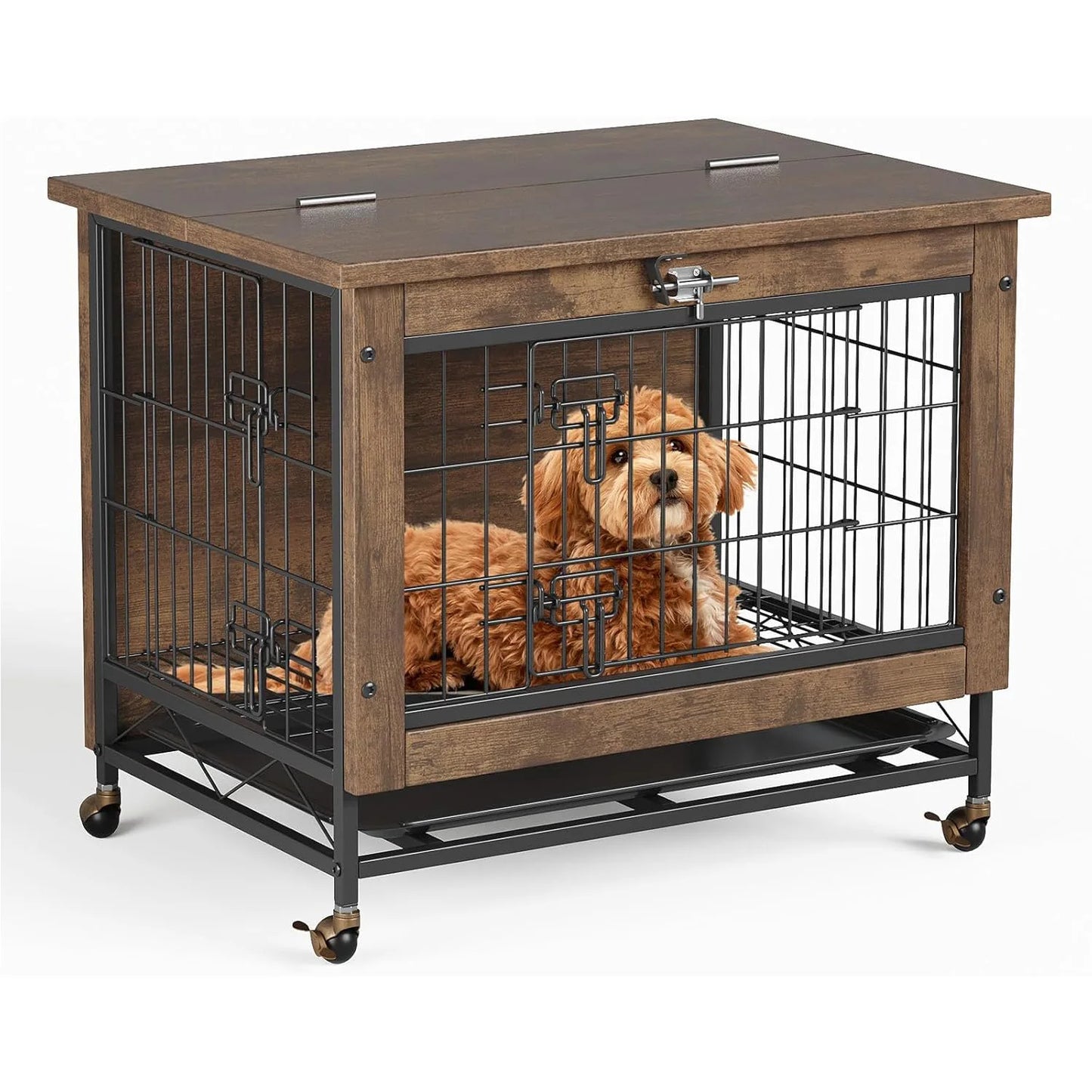 Rustic dog crate furniture with wheels by mypawbloom, featuring a sturdy wood design and functional wheels for easy mobility.