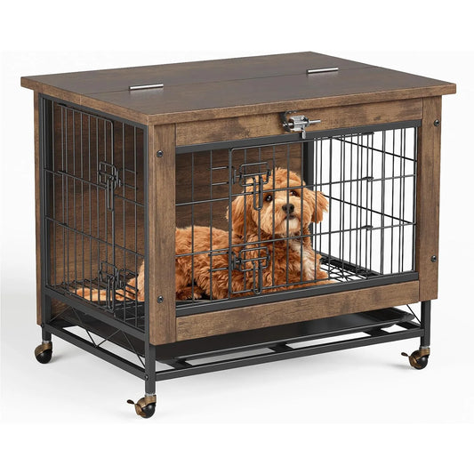 Rustic dog crate furniture with wheels by mypawbloom, featuring a sturdy wood design and functional wheels for easy mobility.