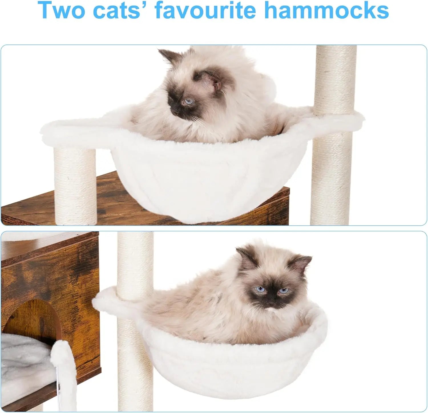 Modern cat tree with litter box enclosure from mypawbloom, featuring multi-level platforms and integrated hiding space for cats.