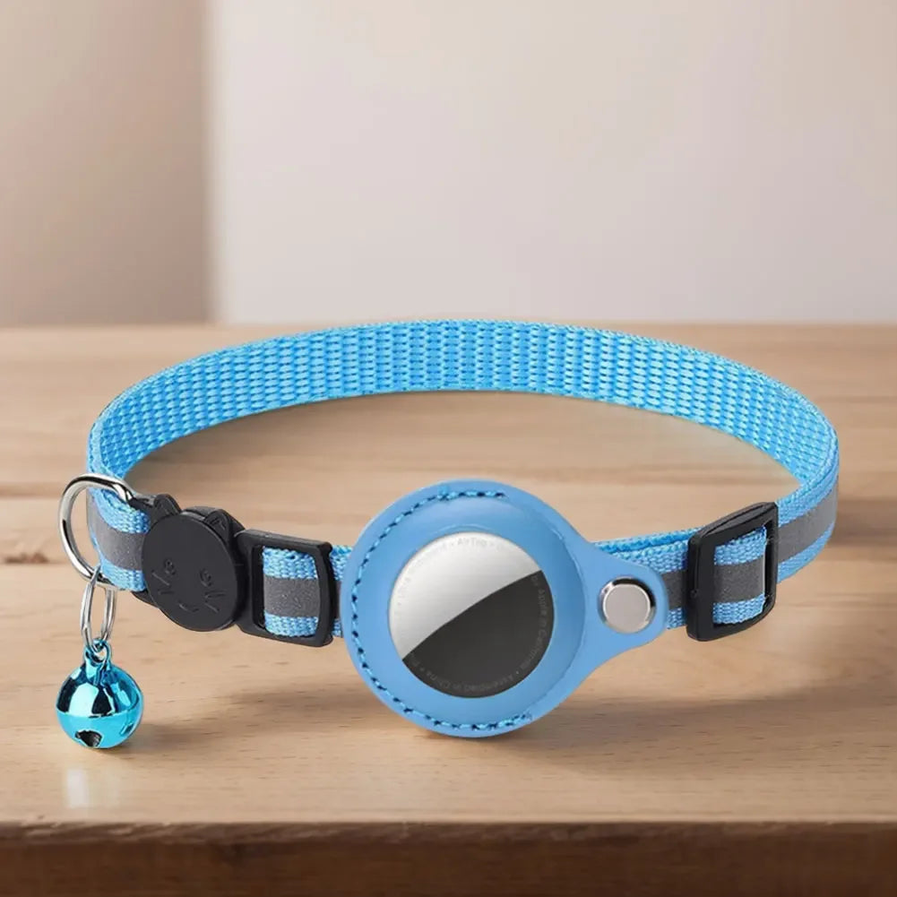 Reflective cat collar with Apple AirTag holder from mypawbloom, featuring safety reflective material and adjustable fit.