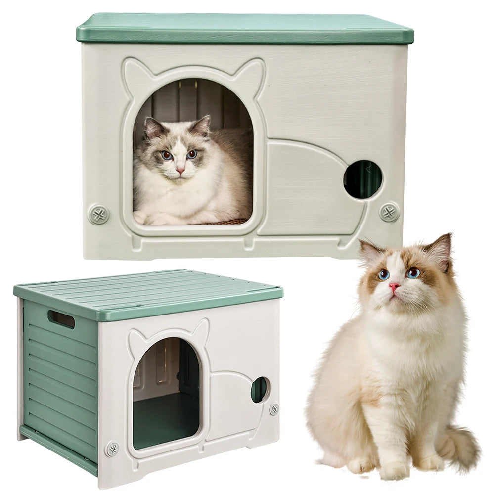 Weatherproof outdoor cat house and condo by mypawbloom, rainproof pet villa with insulated interior for four-season outdoor use.