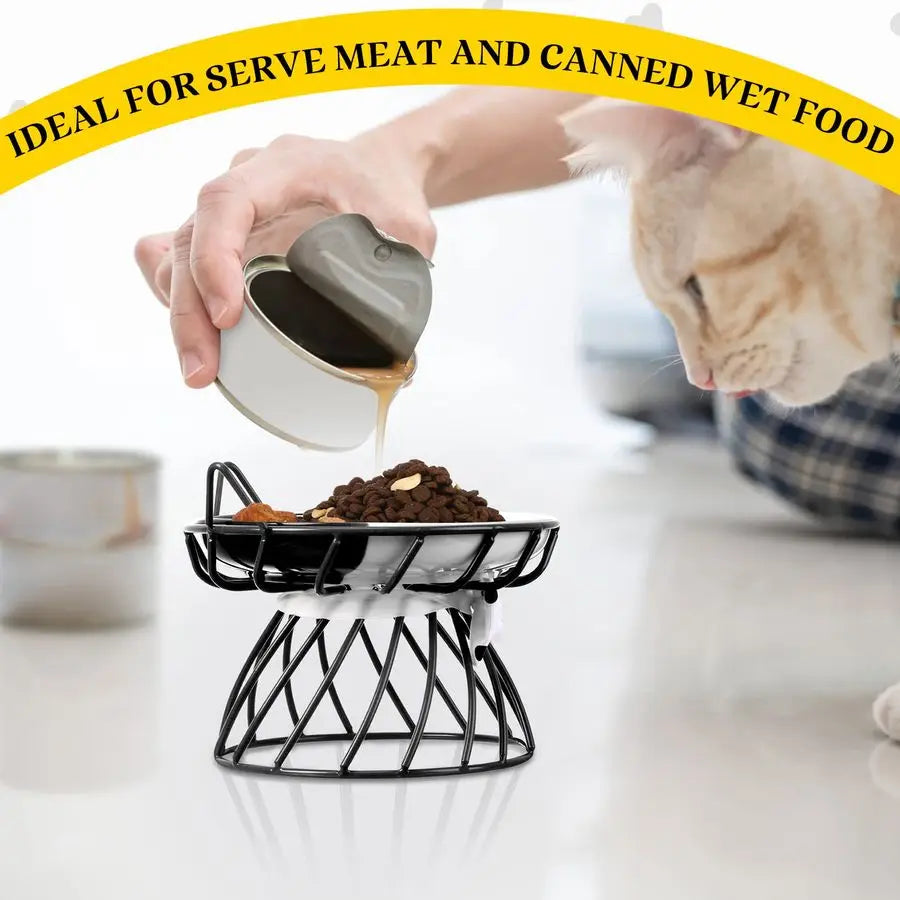 Set of four elevated ceramic cat bowls with a metal stand, ideal for feeding cats comfortably and stylishly.