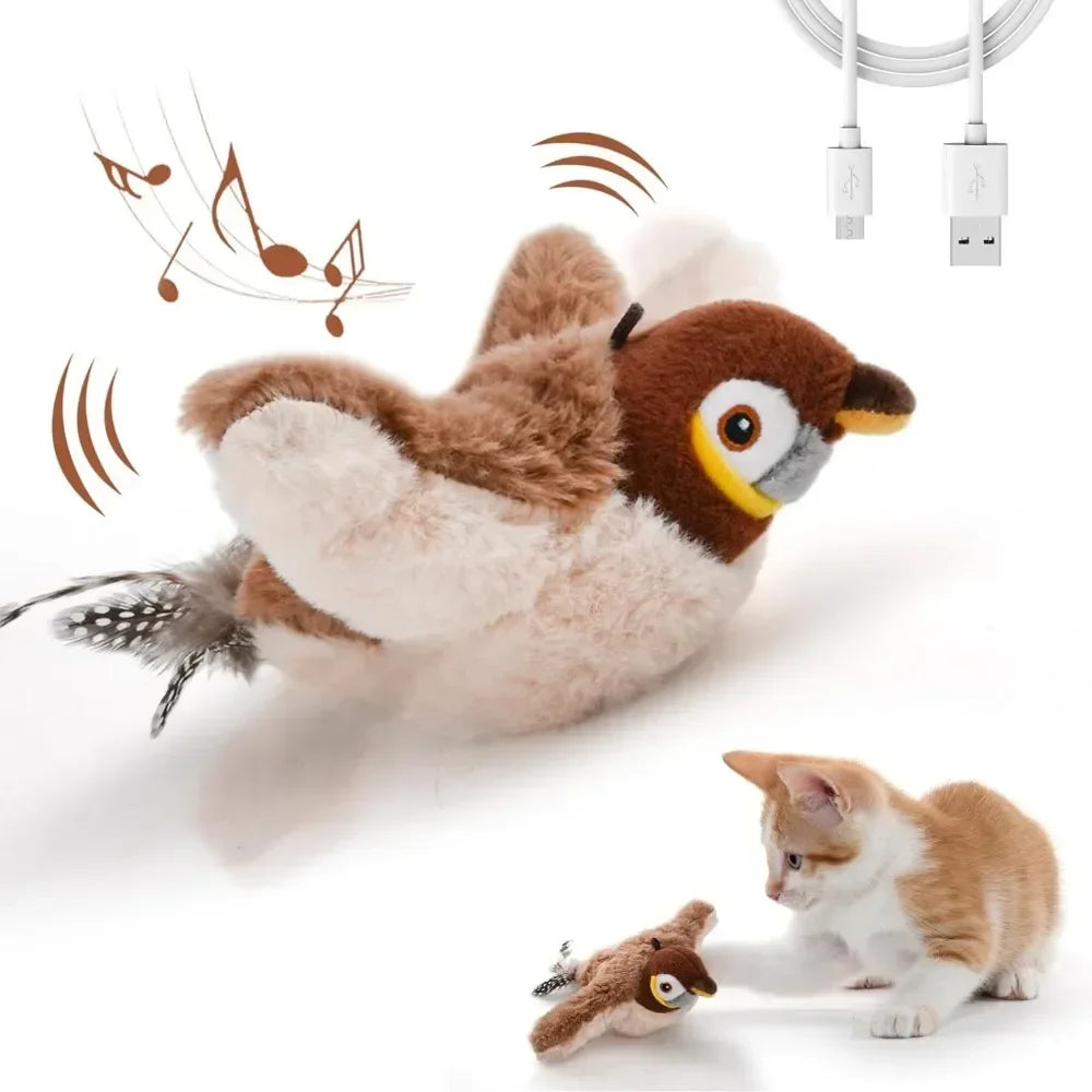 MyPawbloom rechargeable chirping flapping catnip plush toy with touch-activated squeak for cats, featuring colorful bird design.