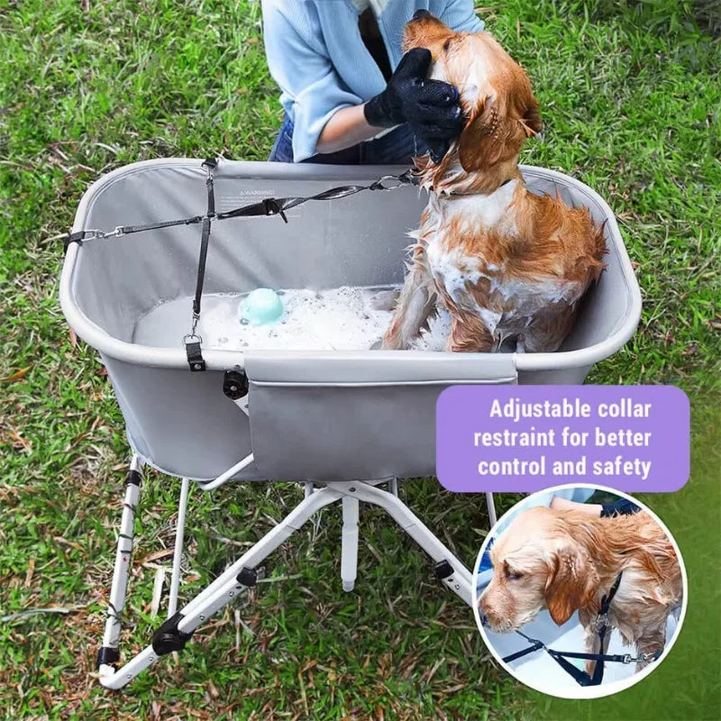 Mypawbloom elevated dog bath tub with shower and grooming features, made for comfortable pet bathing and grooming.