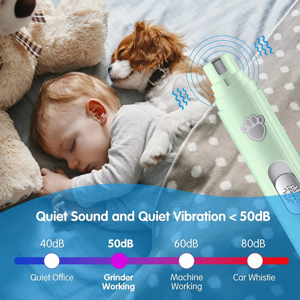 Mypawbloom electric dog nail grinder with USB recharge, LED light for safe and precise nail trimming on pets.