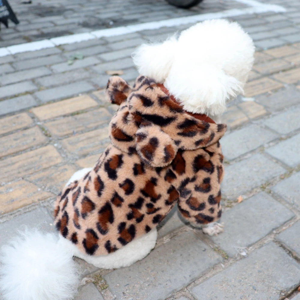Warm Fleece Dog Hoodie Leopard Coat