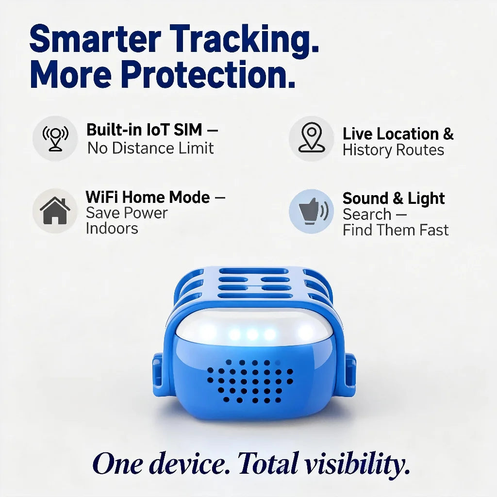 Mypawbloom GPS pet tracker for dogs and cats with built-in IoT SIM and WiFi tracking, showing the compact device with display screen.