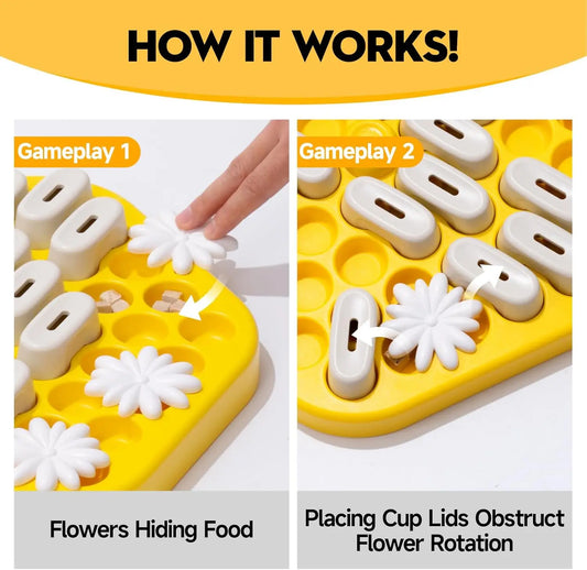 Mypawbloom dog puzzle toy with slow feeder design, made of durable material, featuring compartments for interactive feeding fun.