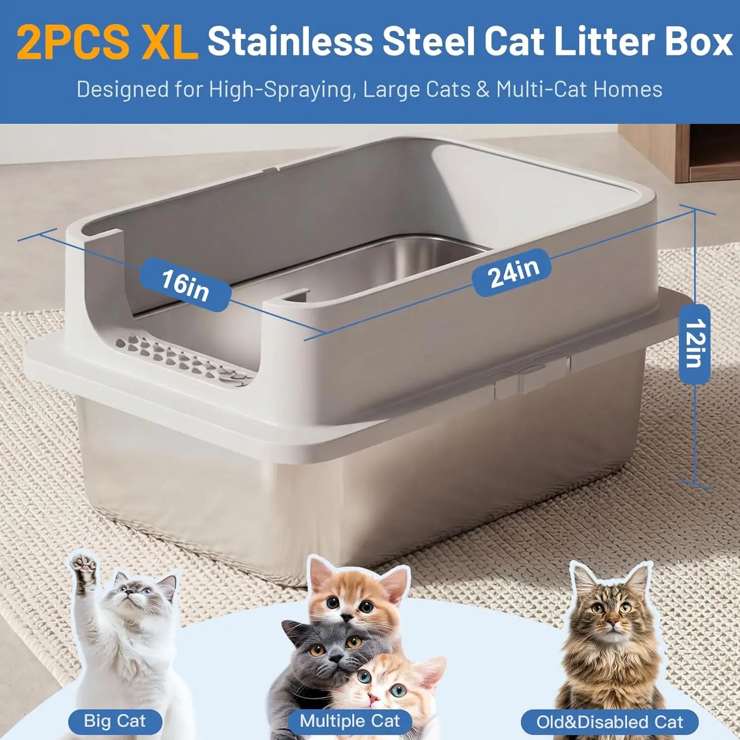 Two XL stainless steel cat litter boxes with lids from mypawbloom, featuring a sleek, durable design for easy cleaning and odor control.