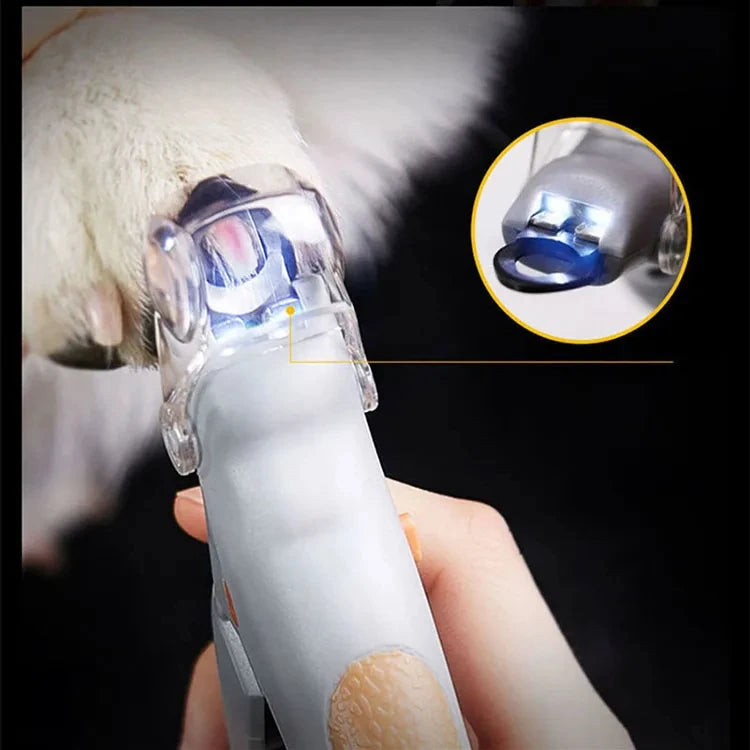 mypawbloom professional pet nail clipper scissors with LED light, showing sharp blades and ergonomic handle for safe grooming.