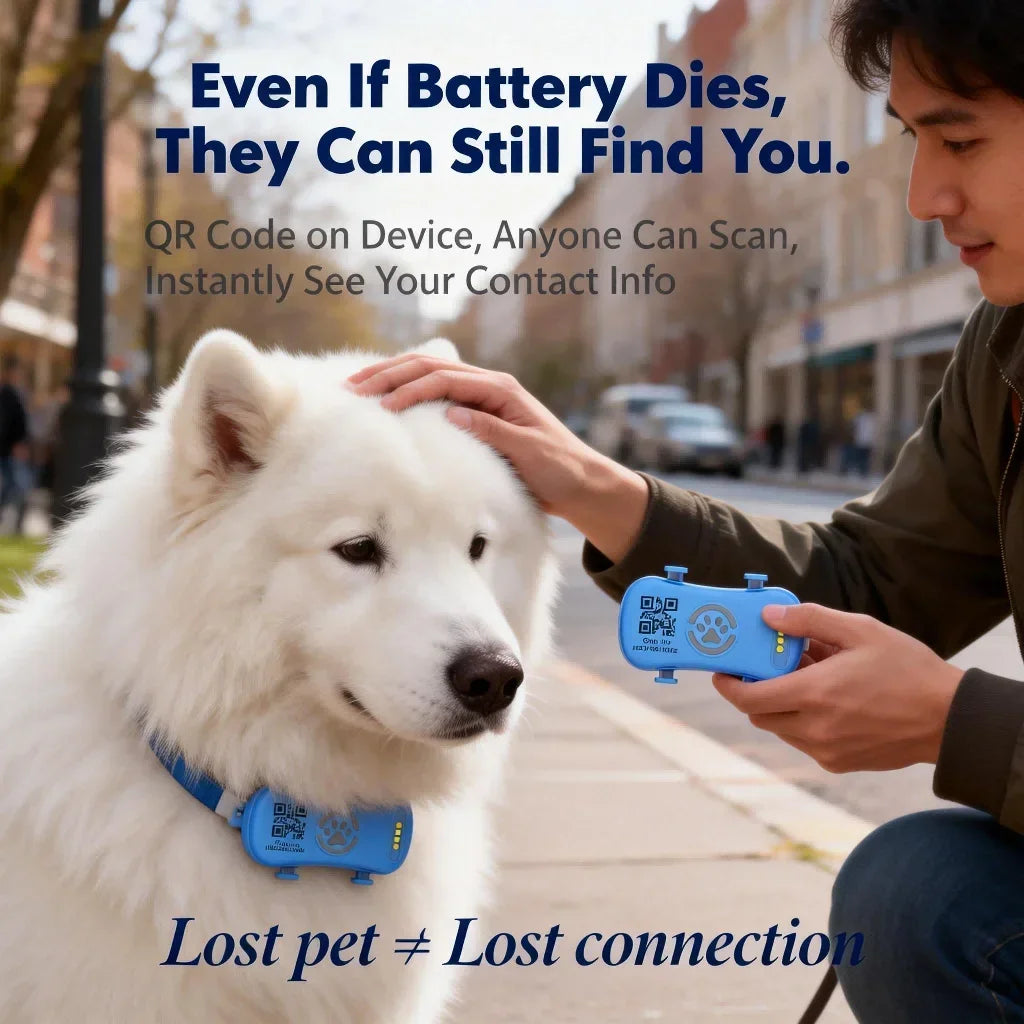 MyPawbloom GPS pet tracker for dogs and cats with built-in IoT SIM and WiFi tracking on a black device with a digital display.