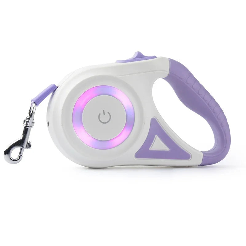 Mypawbloom 5M automatic retractable dog leash with LED flashlight, showing the leash extended with handle and built-in light for night walks.