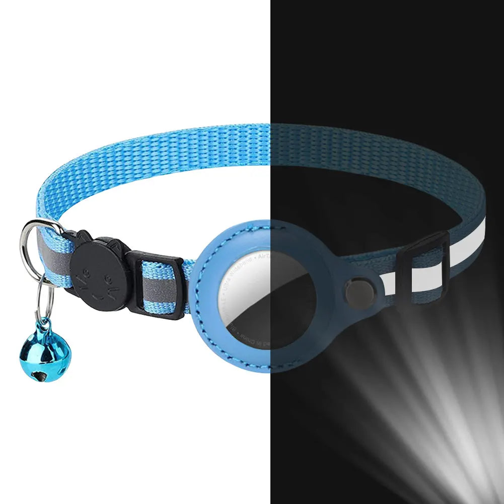Reflective cat collar with Apple AirTag holder from mypawbloom, featuring a secure buckle and high visibility for nighttime safety.