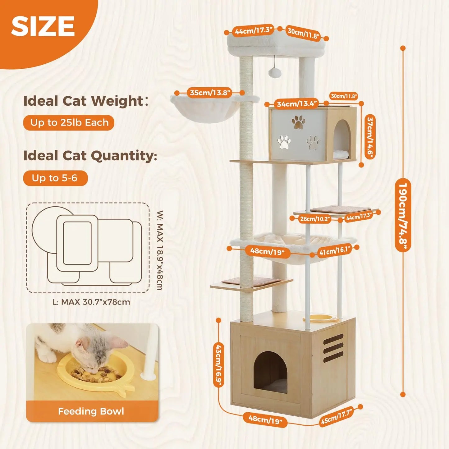 Large Cat Tree with Food Station, 74.8 Inches Wooden Tall Cat Tower