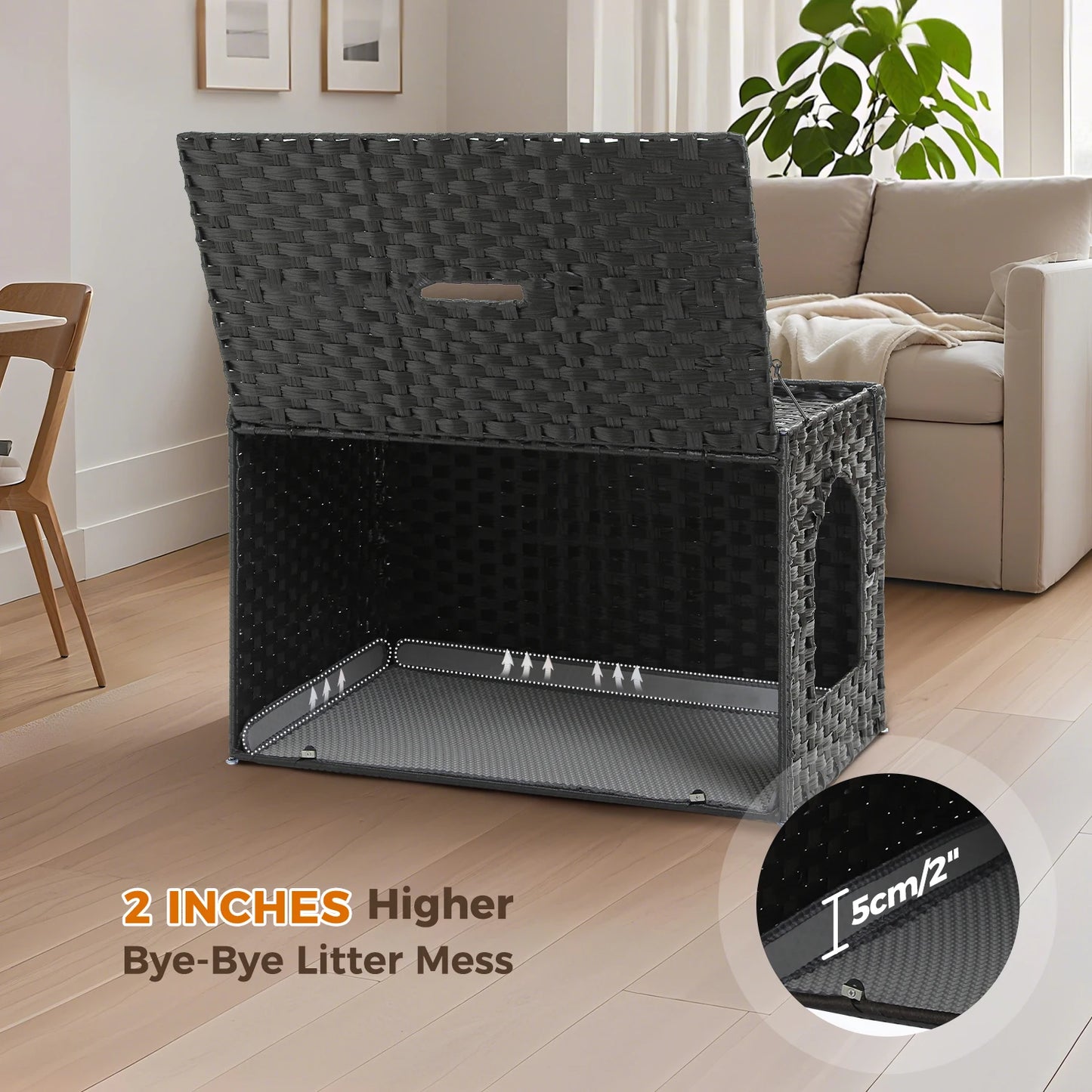 Rattan cat litter box enclosure by mypawbloom with a taller doorway, designed to hide litter box with stylish natural rattan finish.