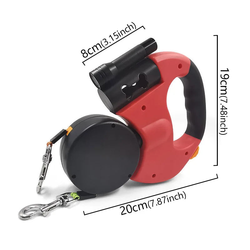 MyPawbloom 3-in-1 double head retractable dog leash with flashlight and poop bag dispenser, featuring ergonomic design and safety lock.