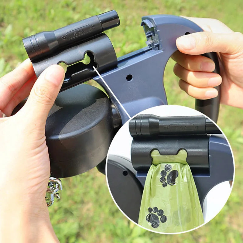 Mypawbloom 3-in-1 double head retractable dog leash with flashlight and poop bag dispenser, shown in use during a walk.