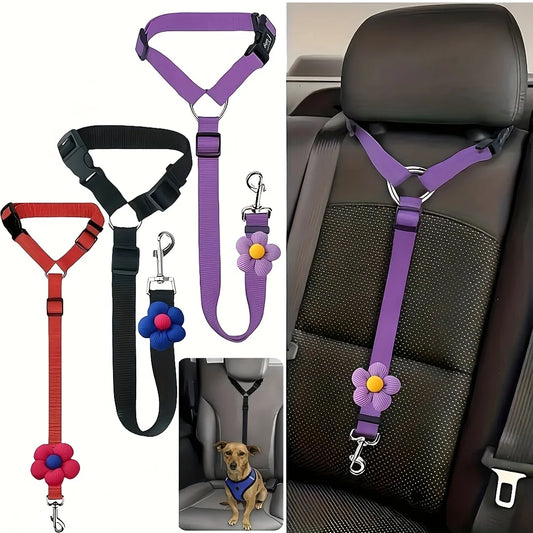 Mypawbloom adjustable dog seat belt buckle for secure travel safety tether, featuring a durable strap and quick-release buckle for dogs.