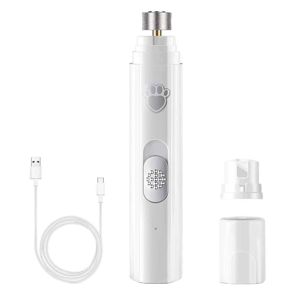Mypawbloom electric dog nail grinder with USB rechargeable design and LED light, shown in a close-up view of the grinder in use.