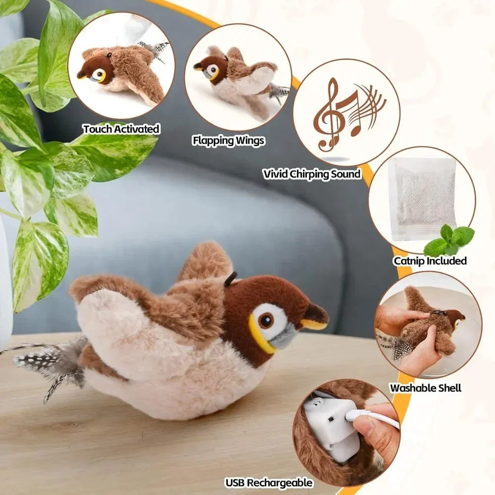 MyPawbloom rechargeable chirping and flapping plush bird toy for cats, touch-activated with squeak and catnip inside.