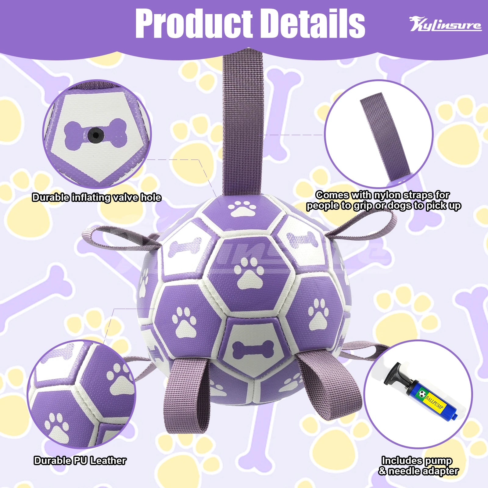 Mypawbloom dog soccer ball toy with straps, interactive pet toy for dogs, featuring a durable design and vibrant colors.