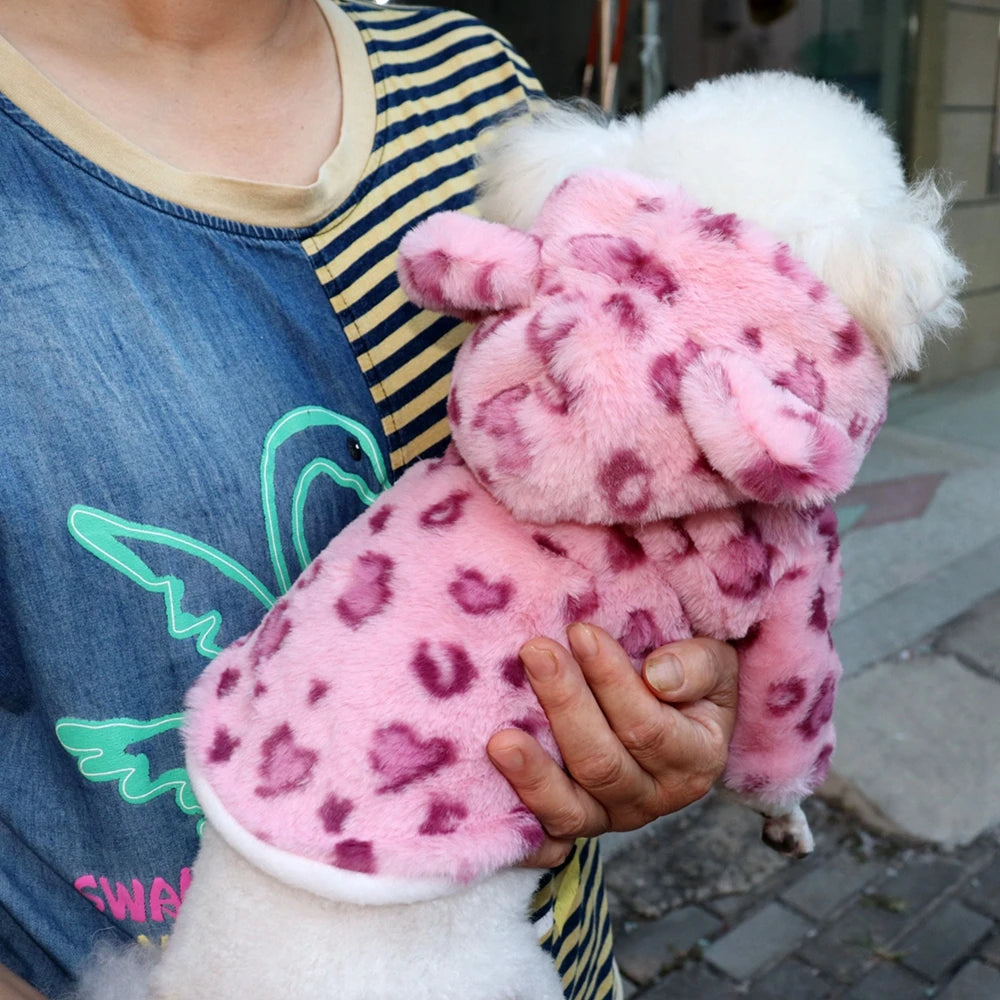 Warm Fleece Dog Hoodie Leopard Coat